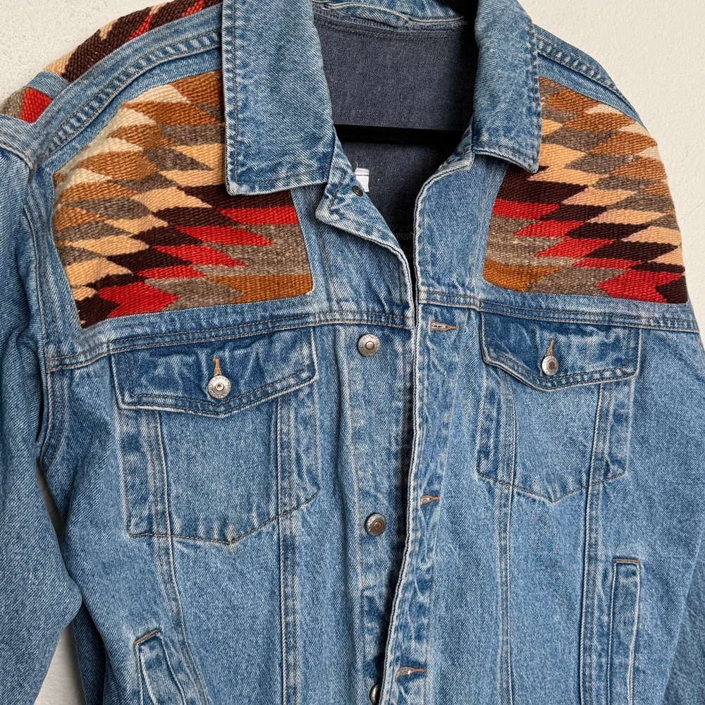 Vintage 90s Denim Jean Trucker Jacket with Western Aztec Tribal Design - Picture 3 of 12